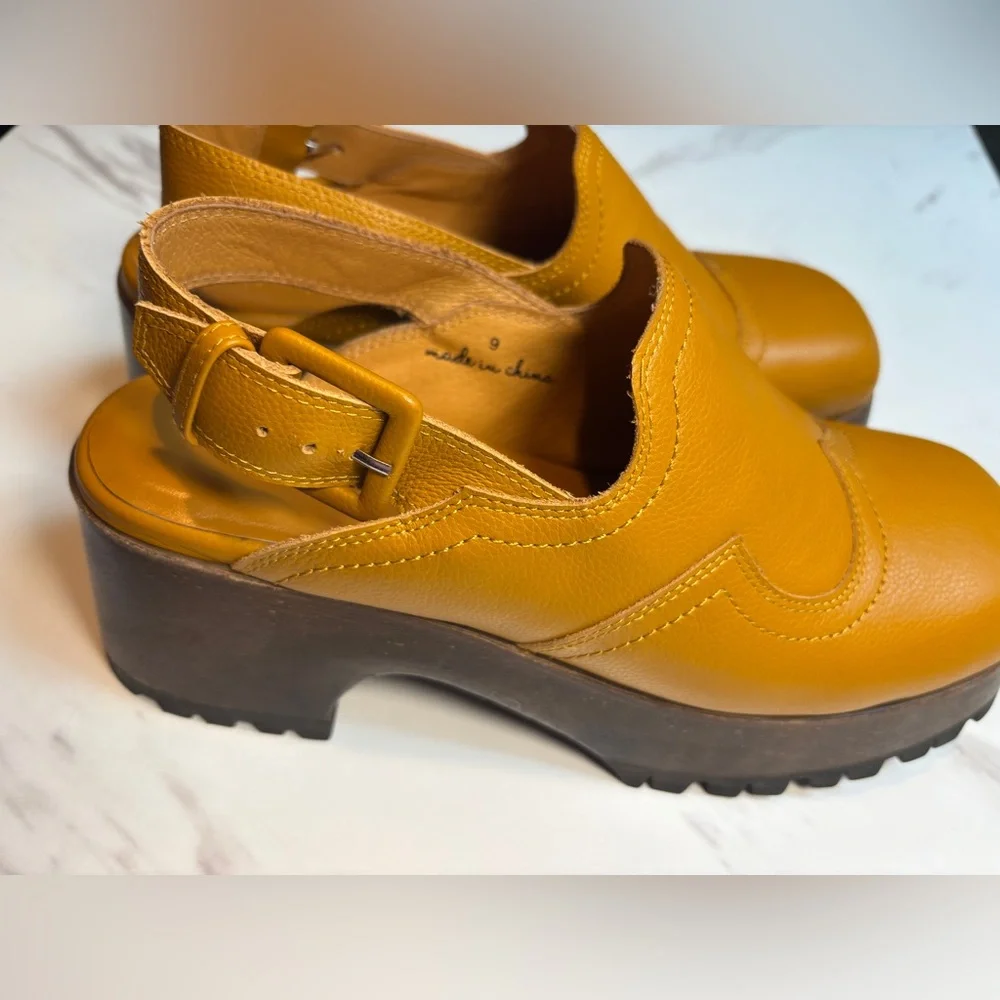 NWOT Charlotte Stone Caramel Leather Chunky Platform Slingback Clogs - Picture 9 of 10
